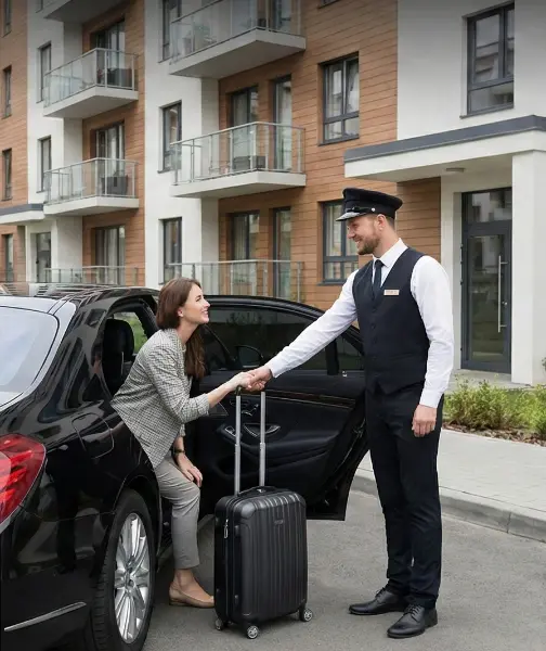 Uniformed professional chauffeur opening the back door of a black luxury car for a female passenger at a hotel entrance.
