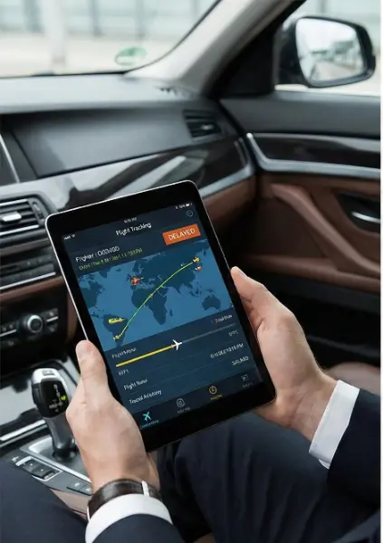 Driver checking real-time flight tracking on a tablet inside a luxury airport transfer vehicle. this is a part of Belgrade Airport Ride with us.