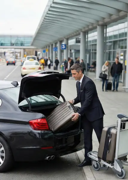 Chauffeur loading suitcase into a premium car trunk outside an airport terminal.
