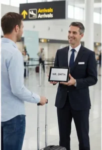 Chauffeur holding a Meet & Greet sign for a passenger at the airport arrivals area.