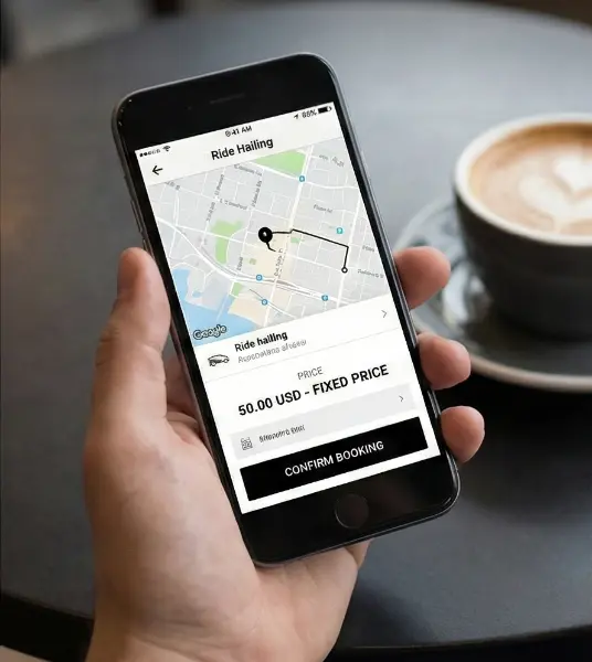 Close-up of a smartphone displaying a ride booking app with a map route and a fixed price of 50.00 USD.